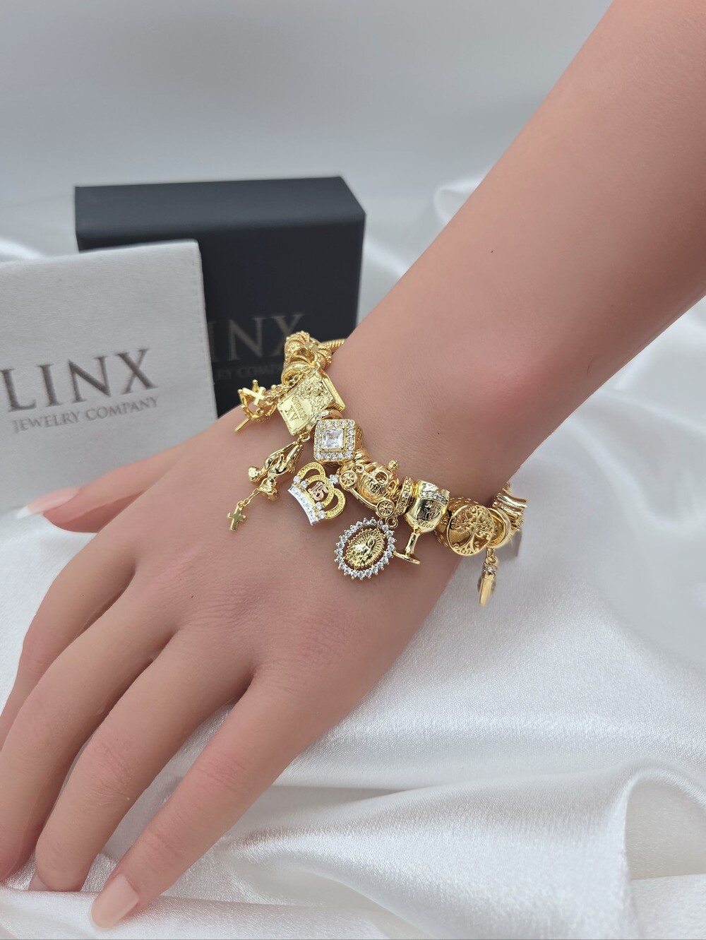 Linx Gold Snake Chain Bracelet With Religious Quinceanera 15th Birthday Charms